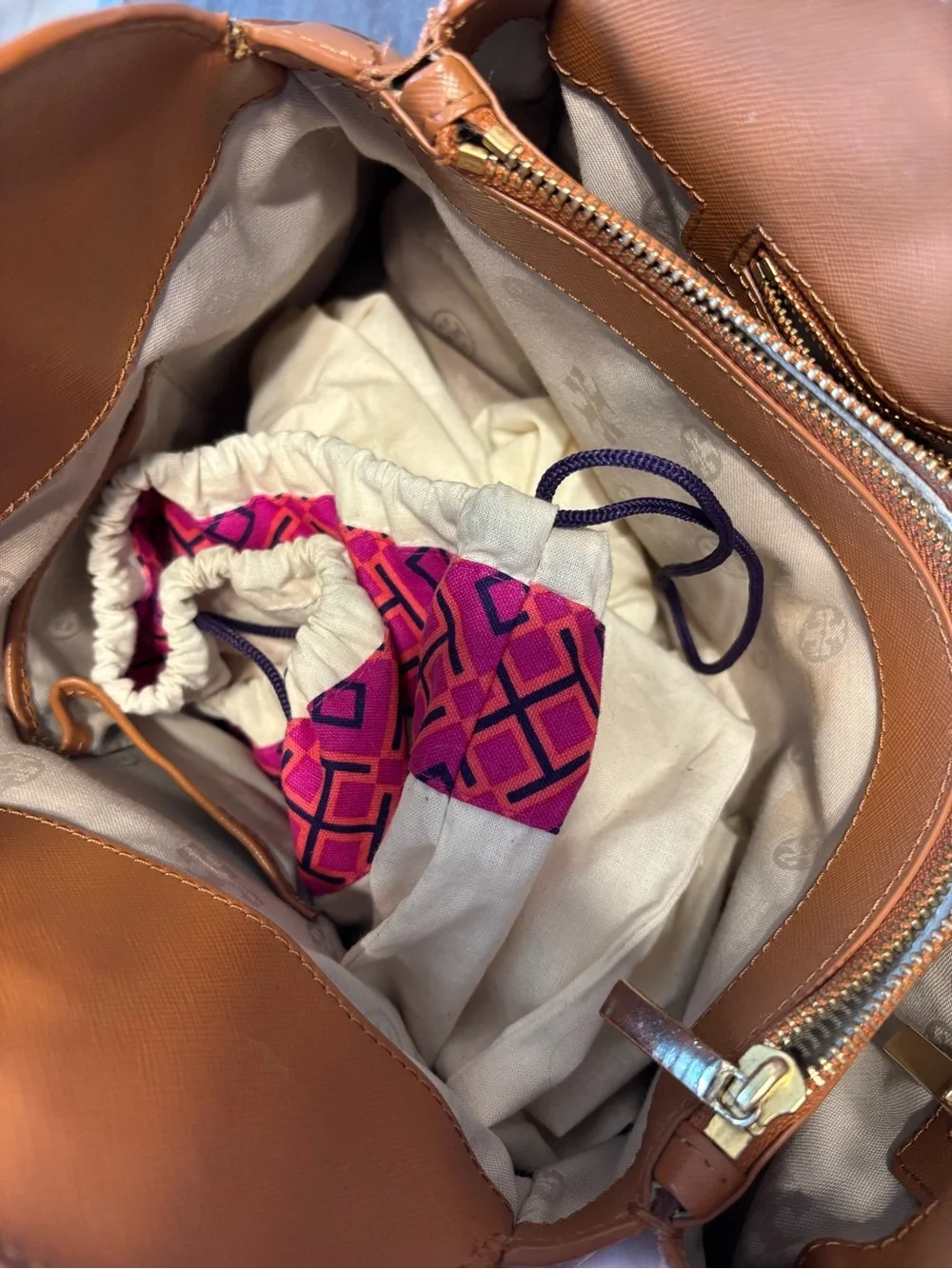 Tory Burch Cognac Leather Dome Satchel with Gold Hardware
